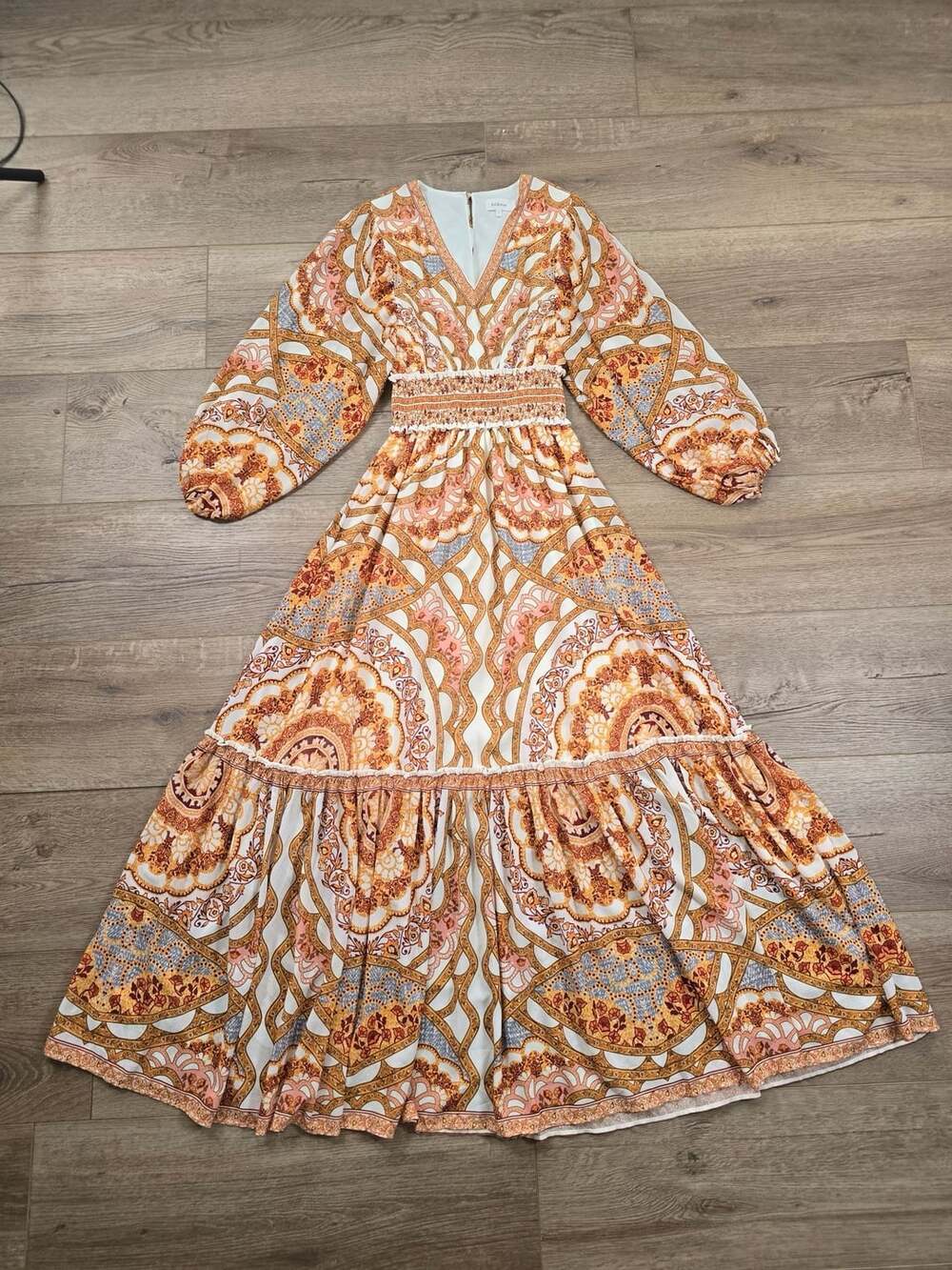 Bohme Orange Paisley Smocked Maxi Dress Long Balloon Sleeve Boho Small - Picture 4 of 13